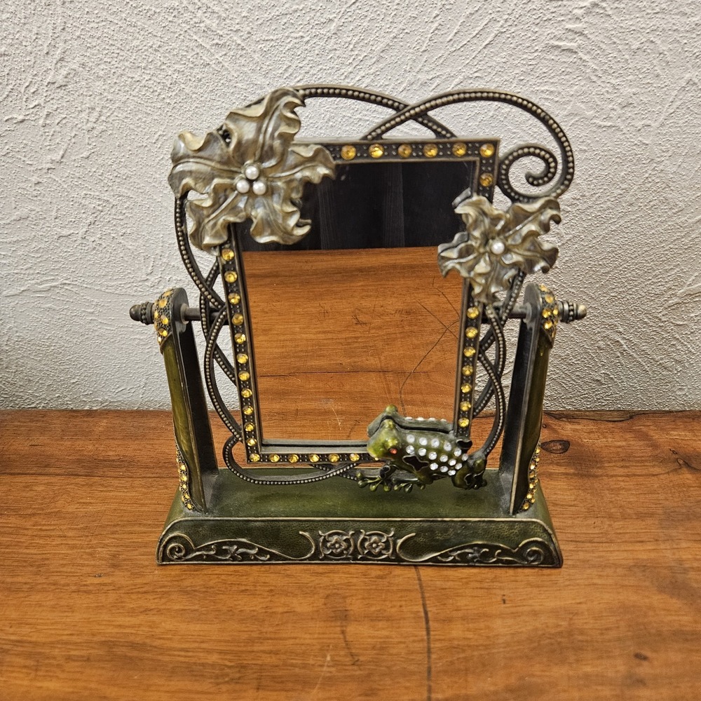Ashleigh Manor Green Red Eye Frog Enameled Jeweled Swivel‎ Vanity Mirror